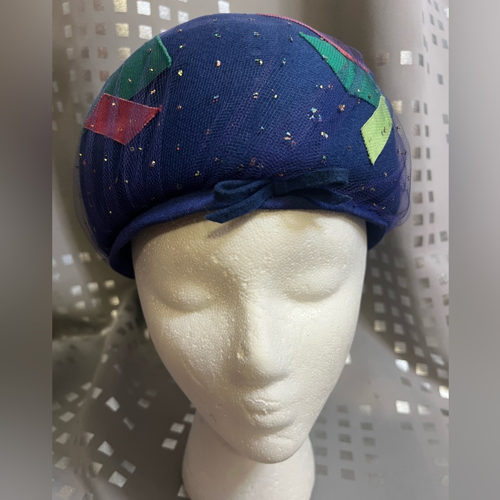 Vintage Sears Millinery Blue Wool Cloche w/ Netting Overlay & Ribbon & Sparkles